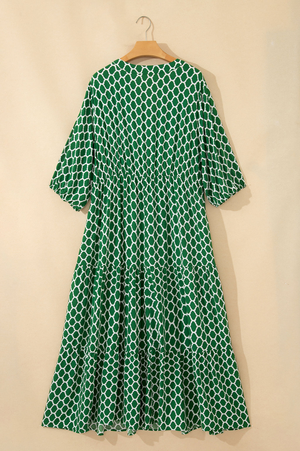 Green Plus Size Geometric Print Pocketed Ruffle Hem Casual Dress