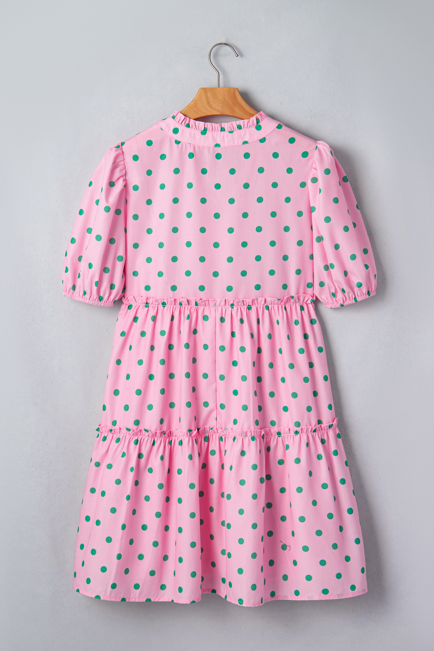 Pink Polka Dot Print V Neck Short Sleeve Tiered Mini Dress
