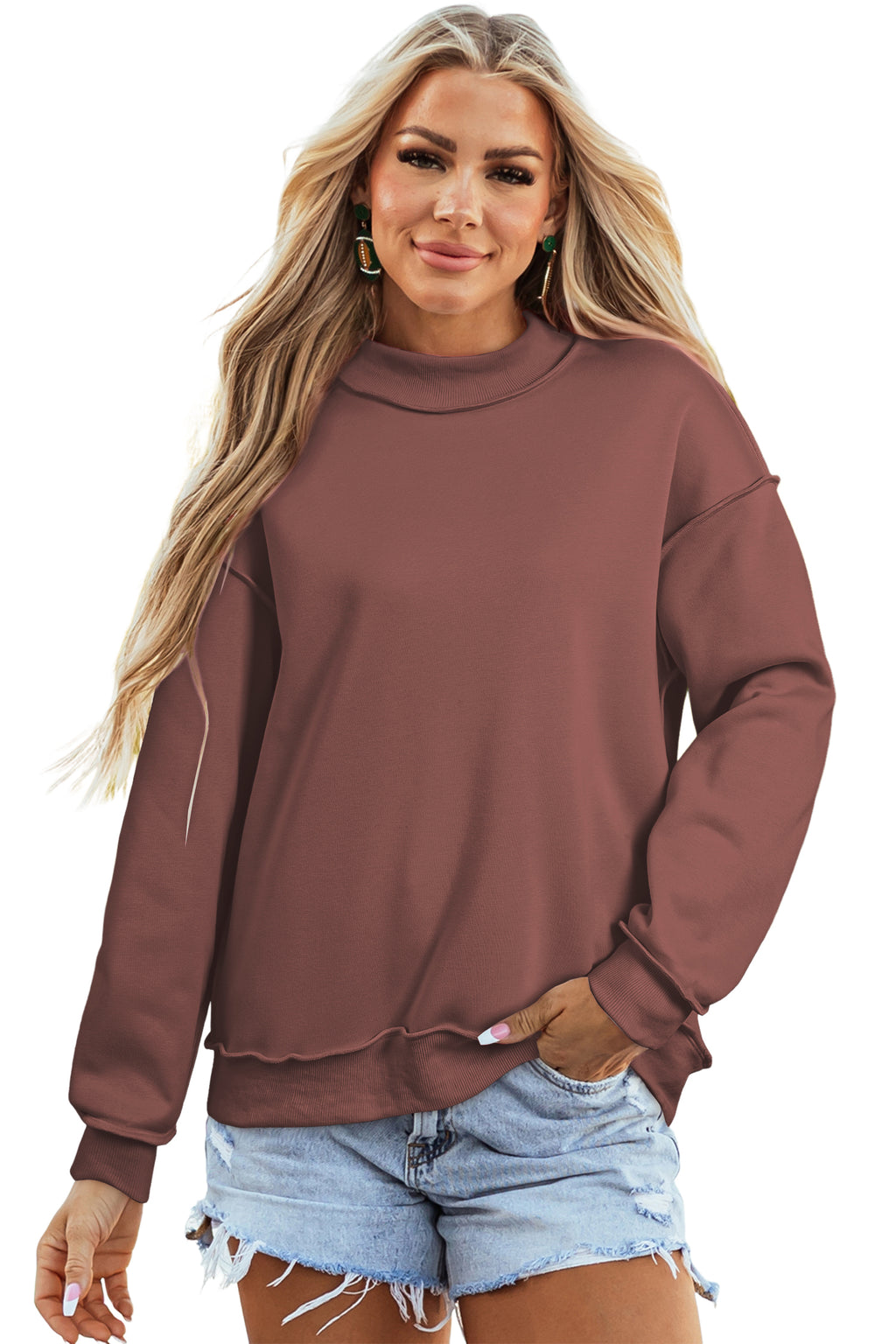Red Dahlia Oversize Drop Shoulder Reversible Mock Neck Sweatshirt