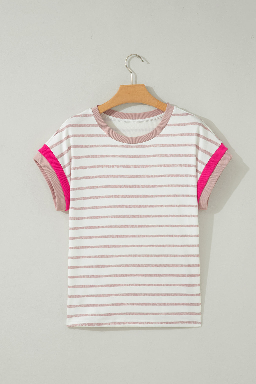 Khaki Stripe Color Block Trim Round Neck Short Sleeve Top