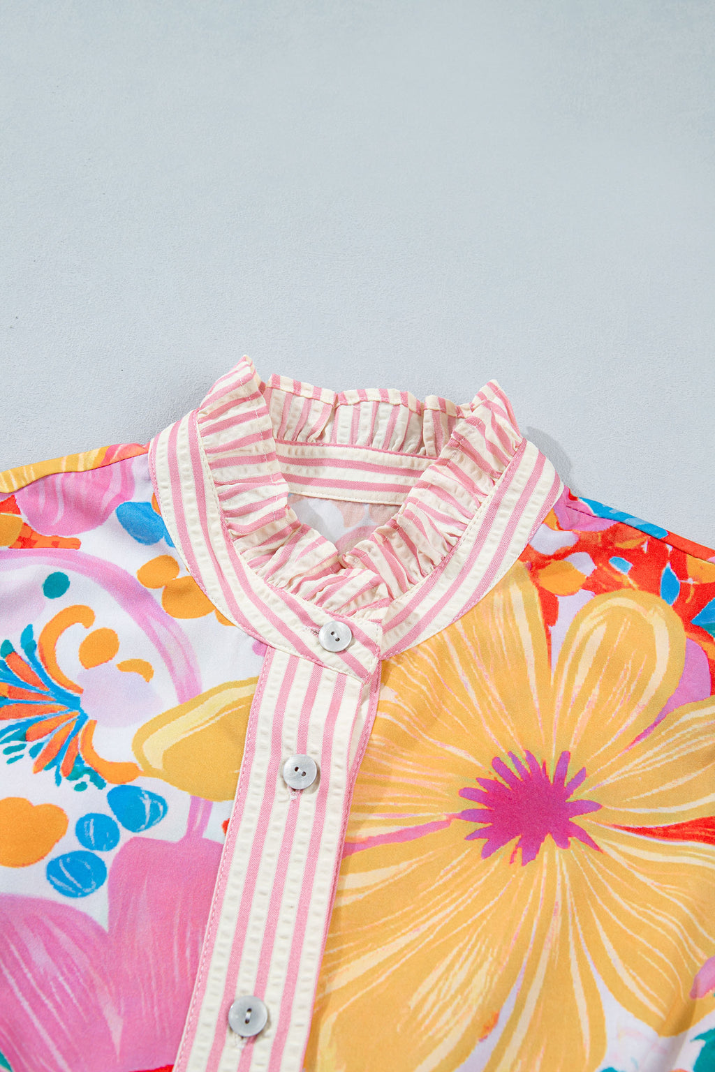 Green Stripe Floral Print Striped Trim Button Down Short Sleeve Vacation Dress