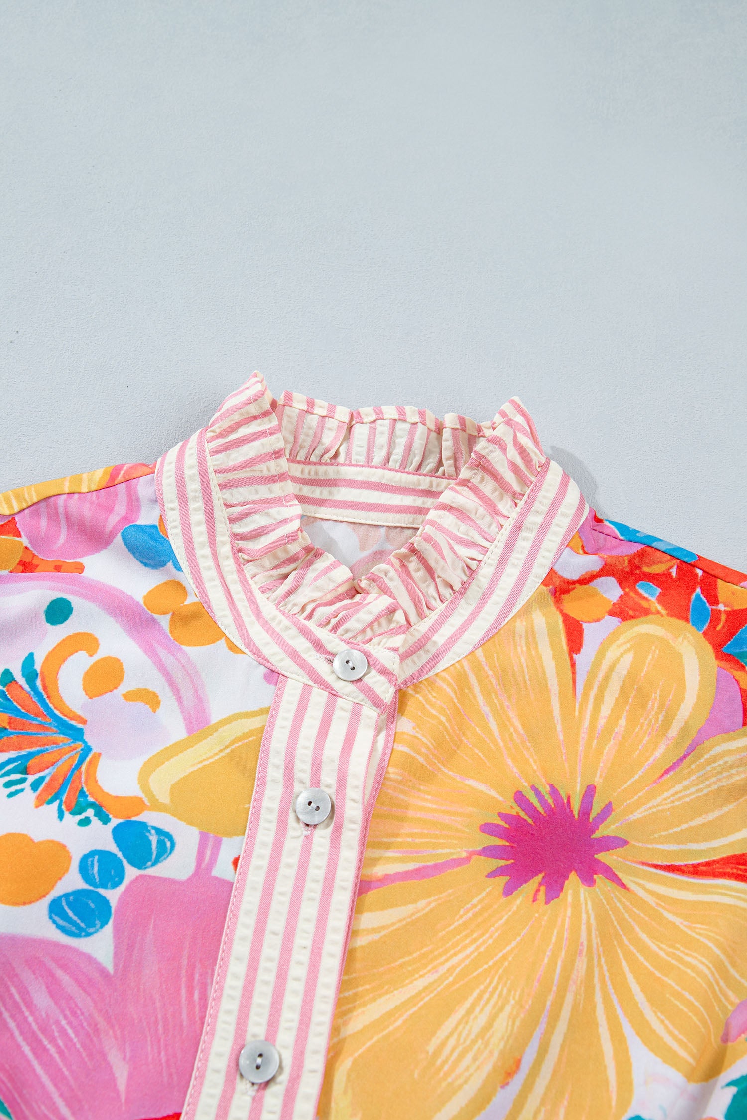 Green Stripe Floral Print Striped Trim Button Down Short Sleeve Vacation Dress