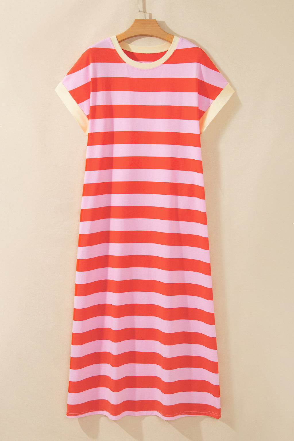 Rose Stripe Cuffed Short Sleeve Pocketed Casual T Shirt Long Dress