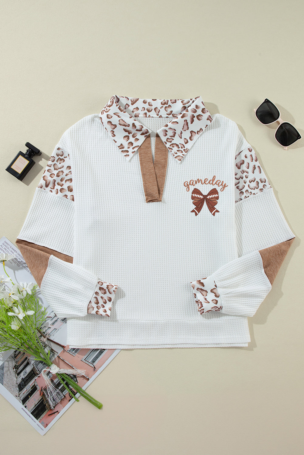 White game day Football Bow Embroidered Graphic Leopard Collar Color Block Patchwork Top