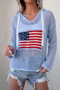 Beau Blue Hollow Out Crochet Knit American Flag Patched Sweater Hoodie