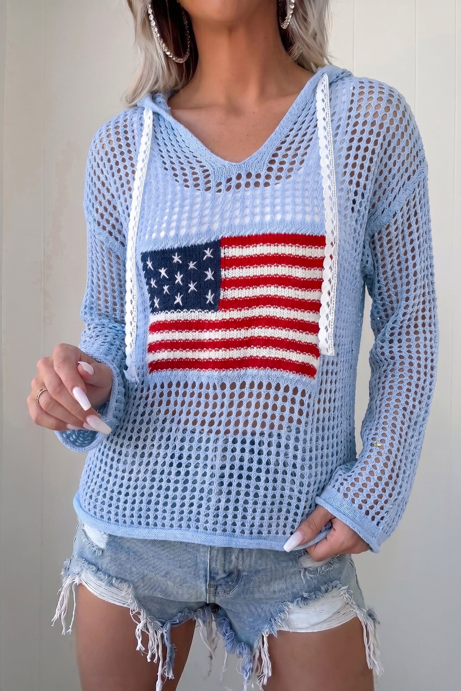 Beau Blue Hollow Out Crochet Knit American Flag Patched Sweater Hoodie