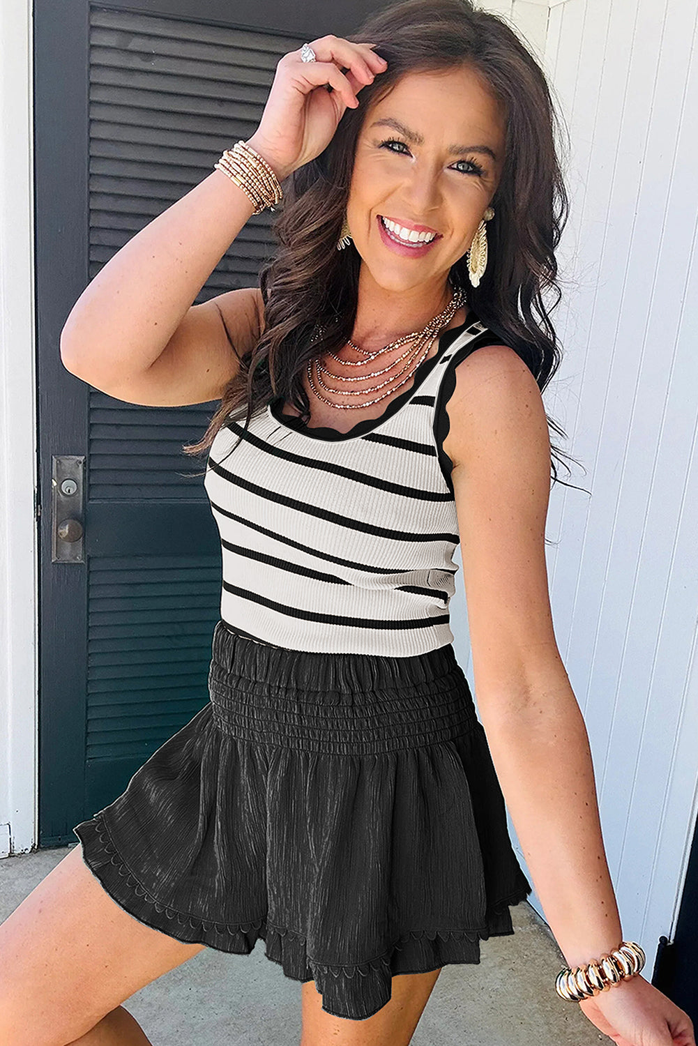 Bright Green Striped Scalloped Edge U Neck Sleeveless Sweater Vest