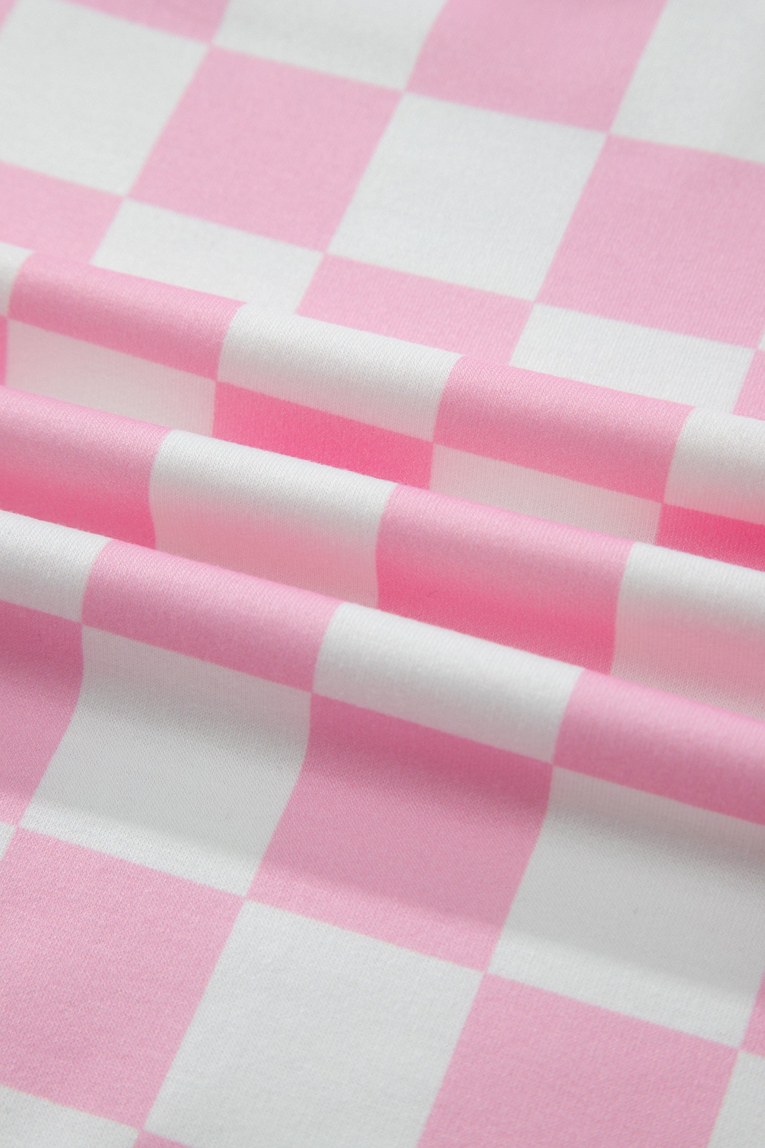 Pink Checkered Print Color Block Trim Mock Neck Short Set