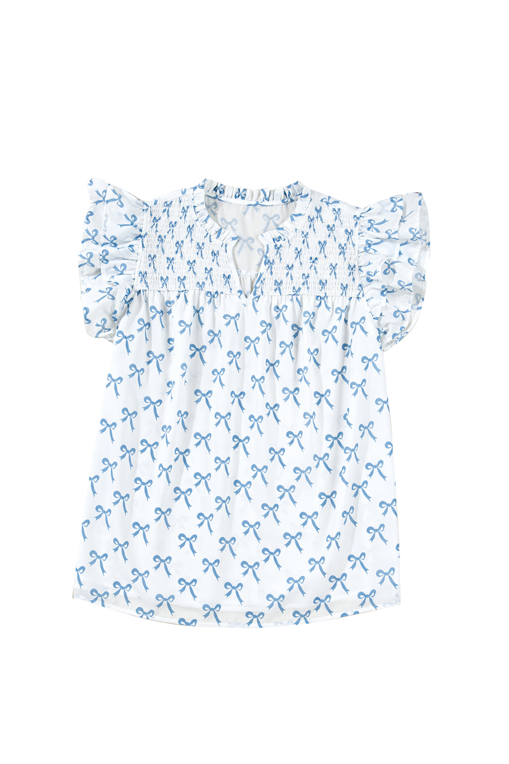 Sky Blue Ruffled Short Sleeve Plus Size Bow Top
