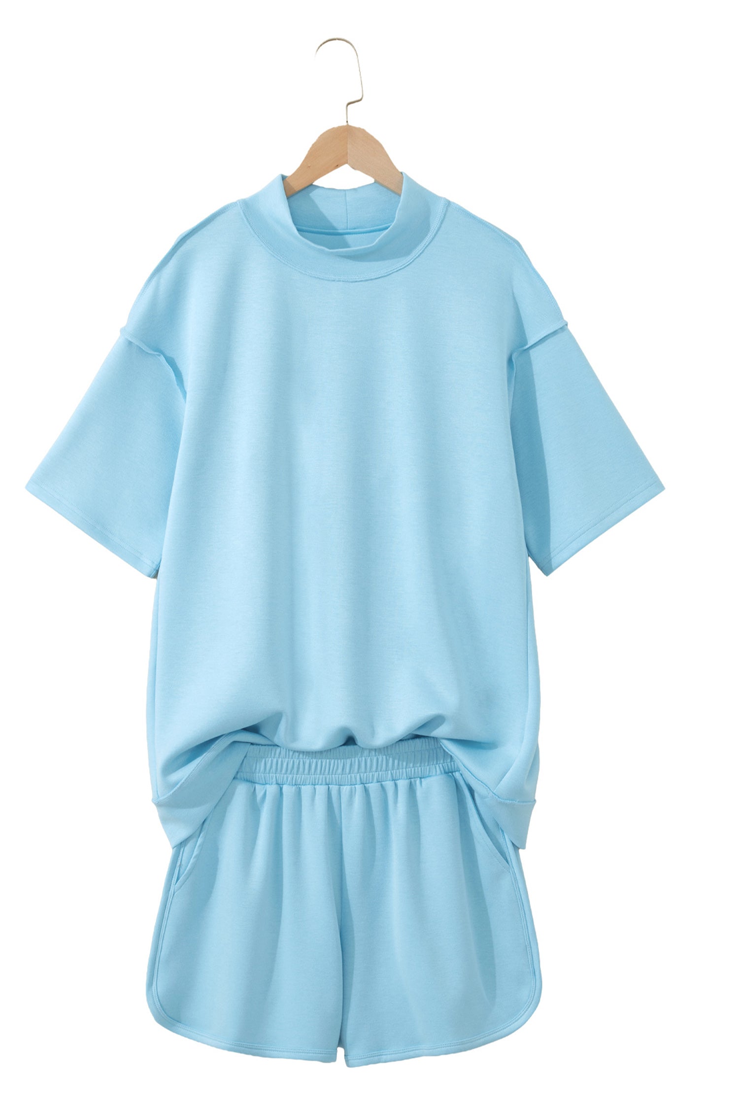 Yellow Cream Solid Color Exposed Seam Mock Neck Oversize Tee Casual Shorts 2pcs Outfit