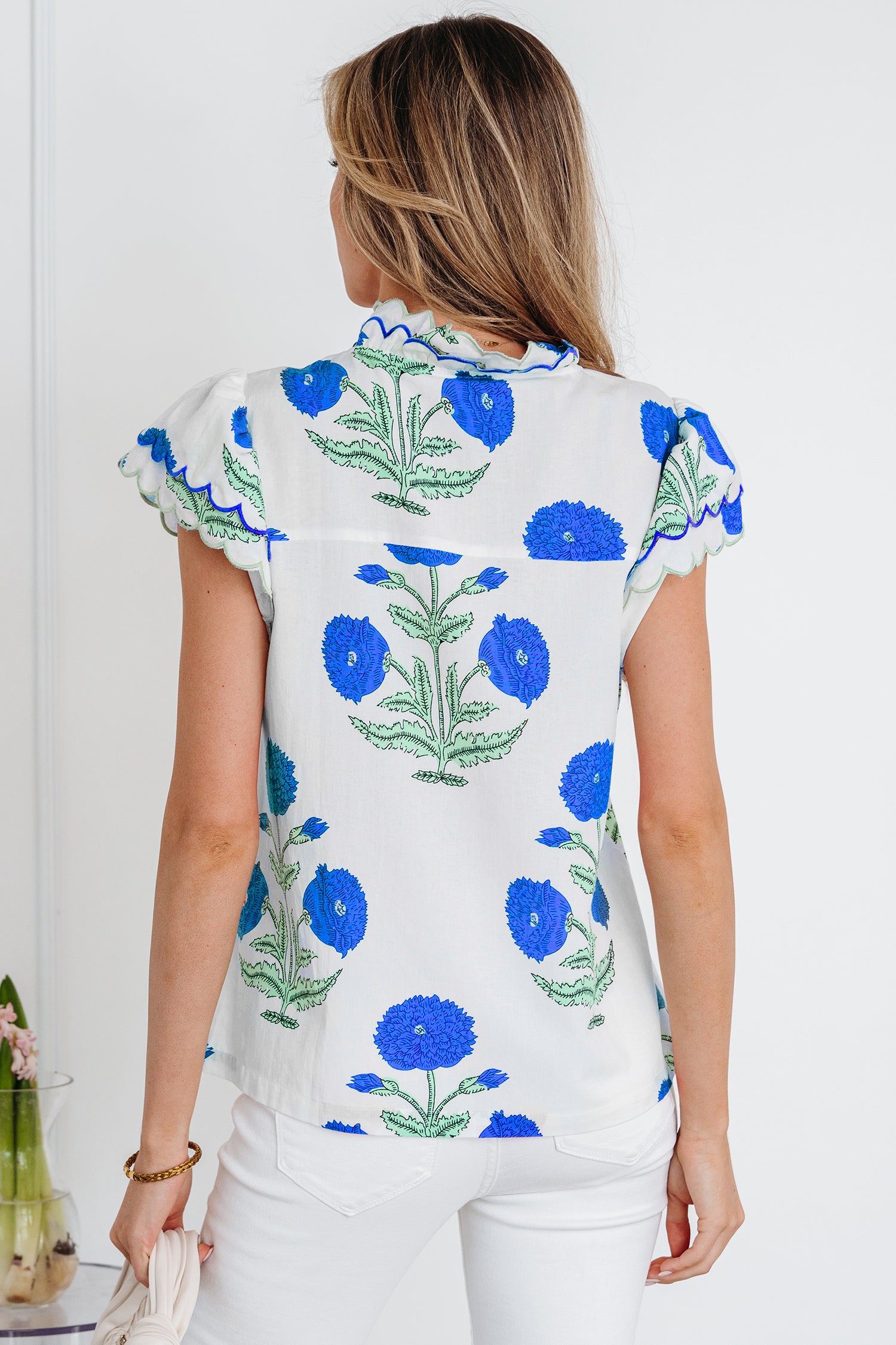 Pink Wild Flower Print Contrast Trim Scallop Detail Short Sleeve Blouse