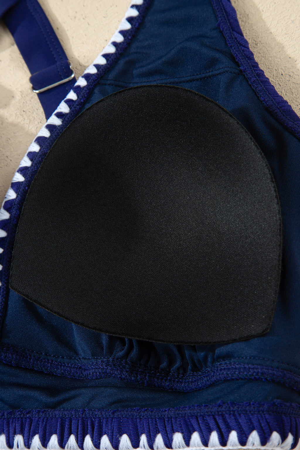 Dark Blue Shell Stitched Trim V Neck Textured Mix and Match High Waist Bikinis