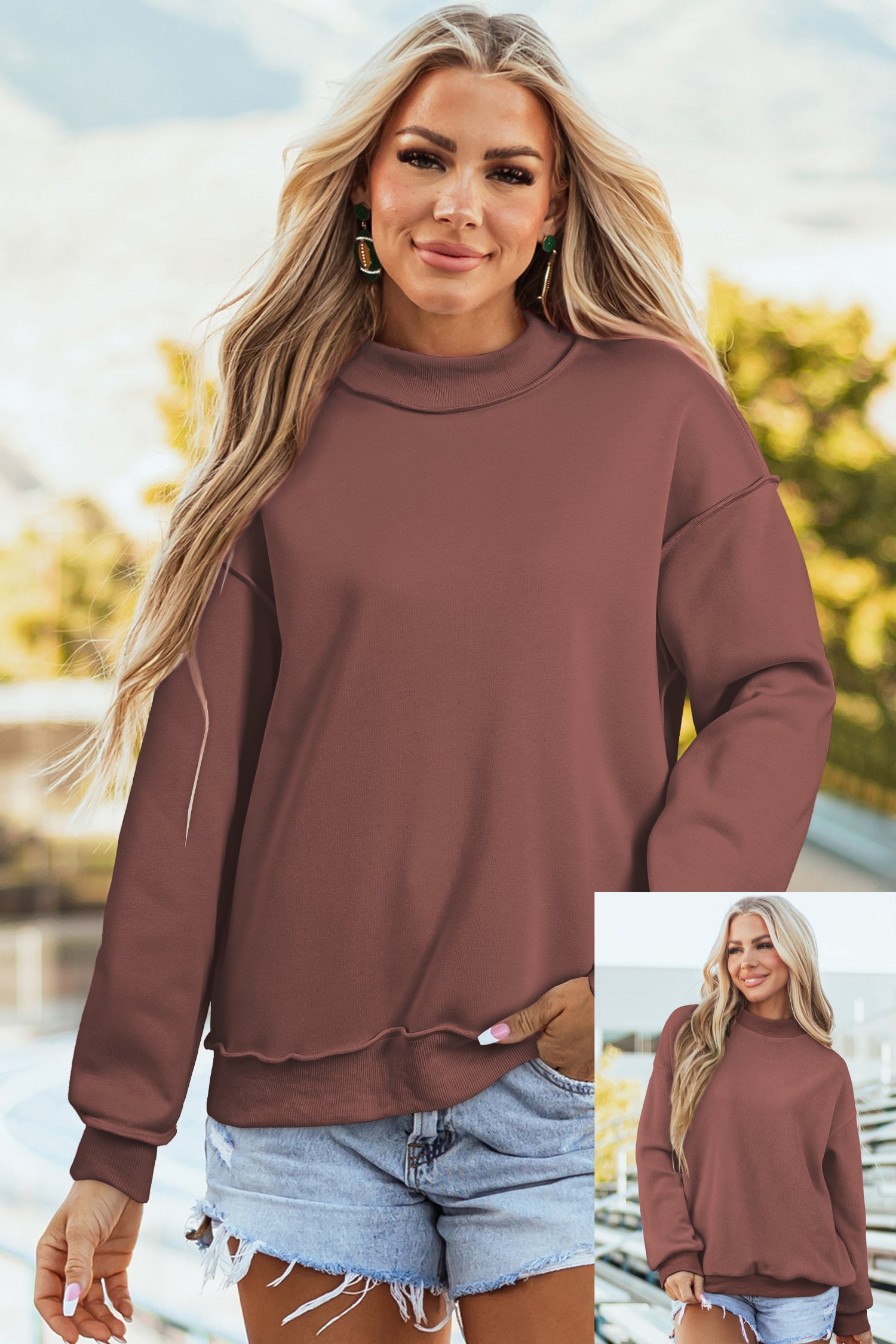 Red Dahlia Oversize Drop Shoulder Reversible Mock Neck Sweatshirt