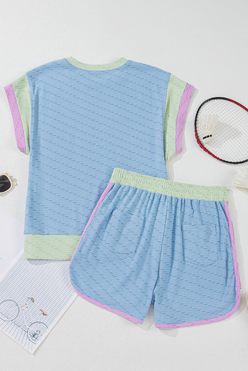 Beau Blue Corded Knit Contrast Trim Round Neck Cap Sleeve 2pcs Short Set