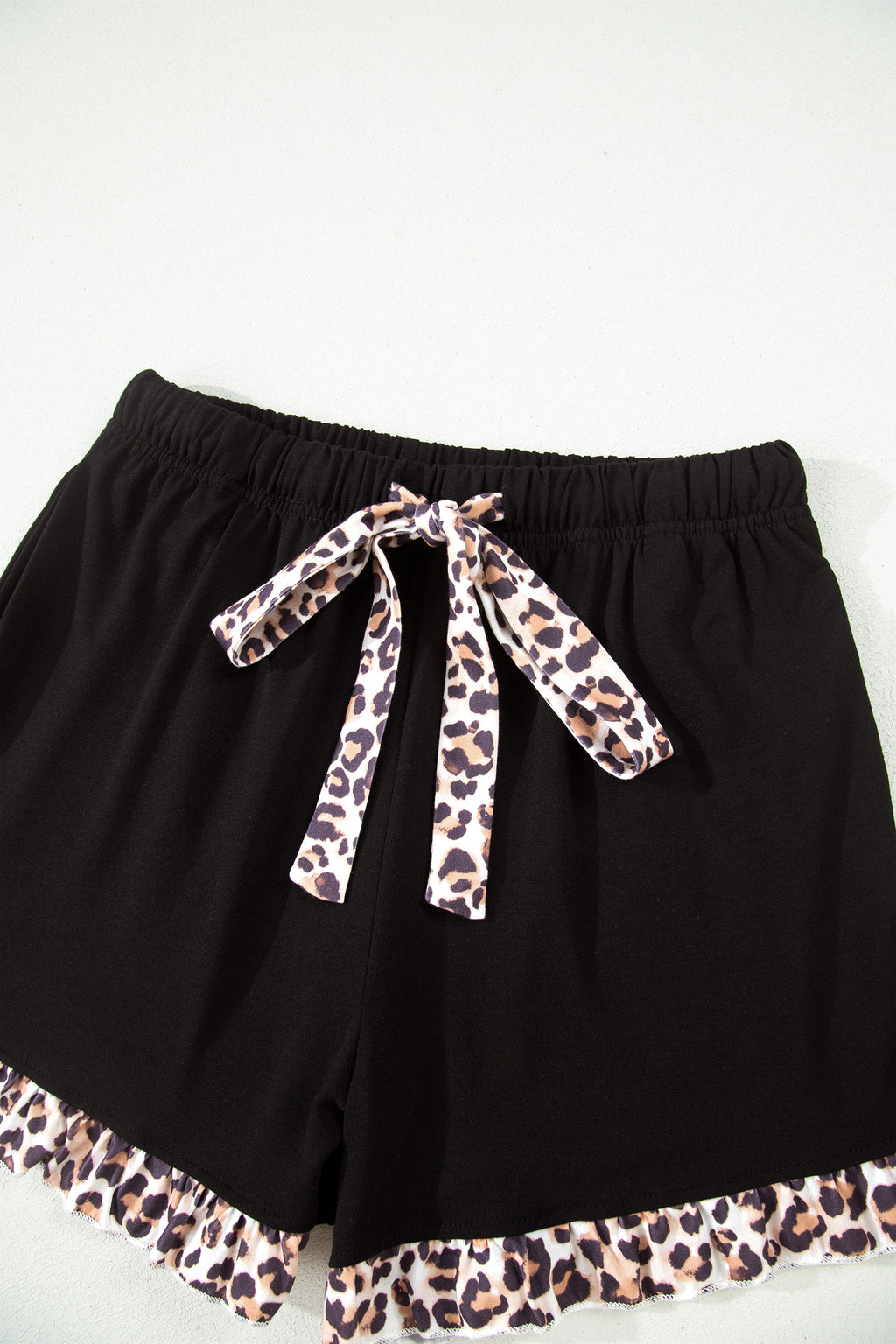 Black Leopard Patchwork Trim Lapel Shirt Drawstring Shorts 2pcs Pajama Set
