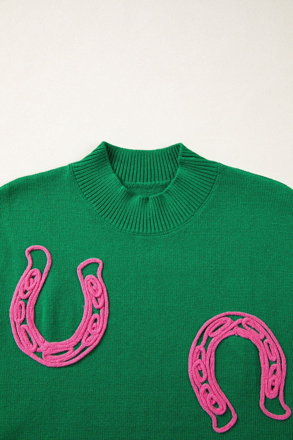 White Corded Horseshoes Ribbed Trim Mock Neck Short Sleeve Sweater