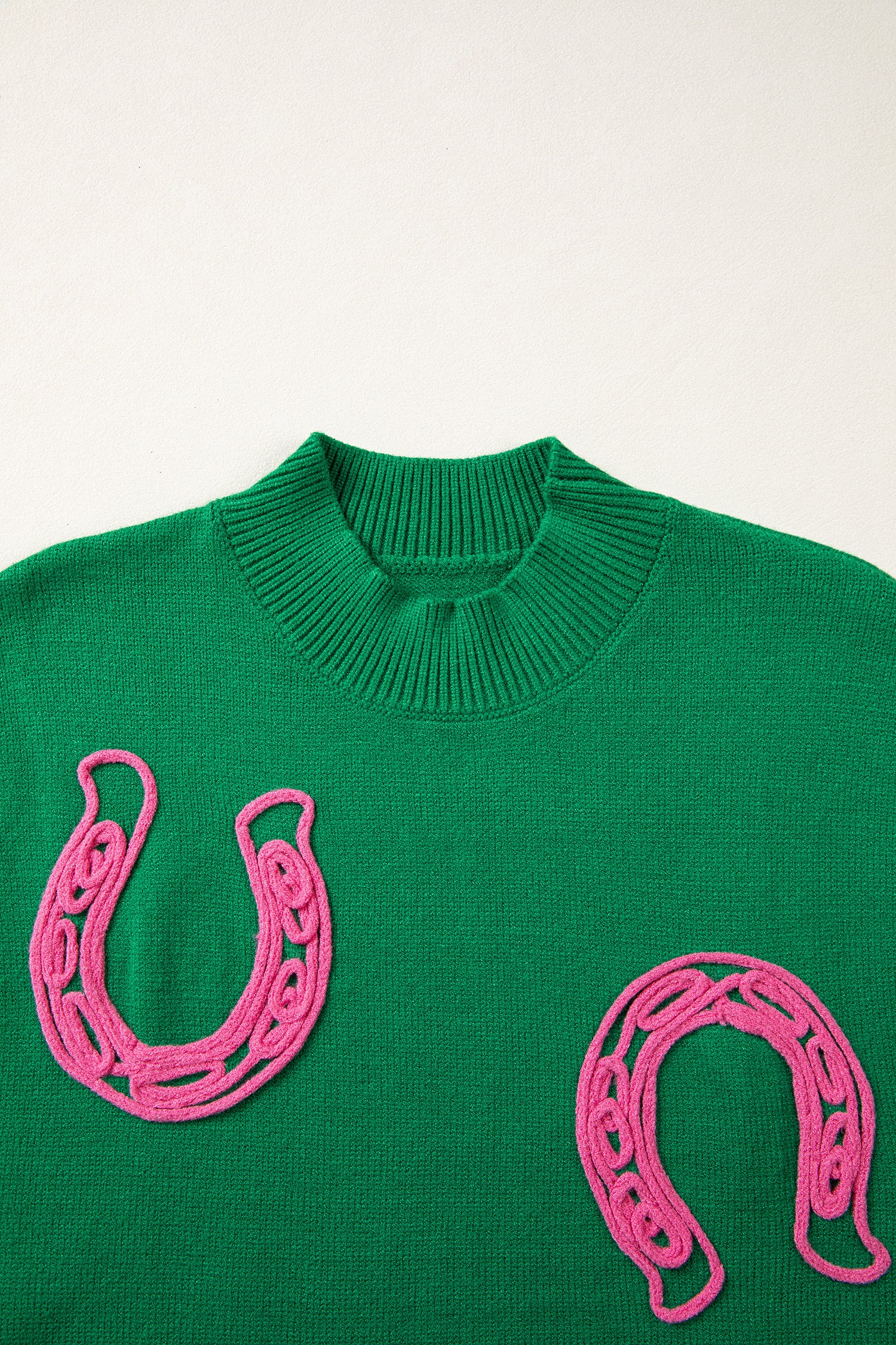 White Corded Horseshoes Ribbed Trim Mock Neck Short Sleeve Sweater