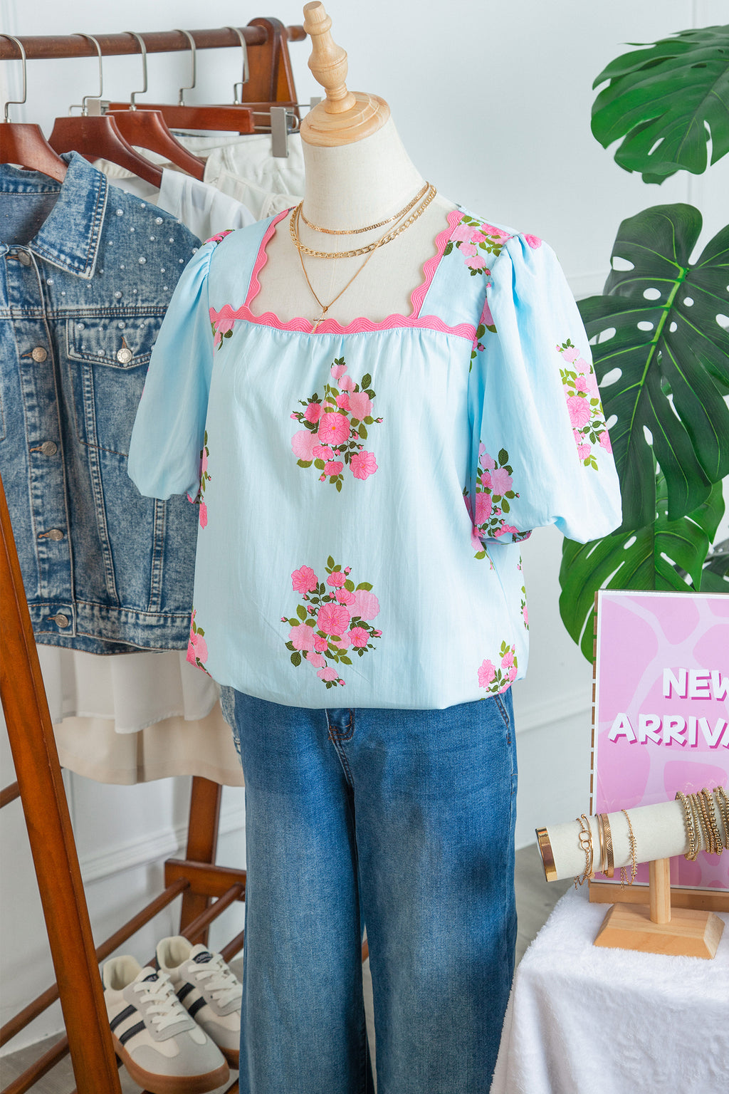 Sky Blue Floral Printed Contrast Ricrac Detail Bubble Sleeve Blouse