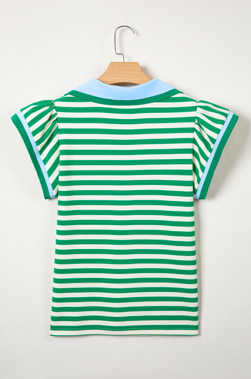 Green Stripe Contrast Trim Polo Collar Ruffled Short Sleeve Blouse