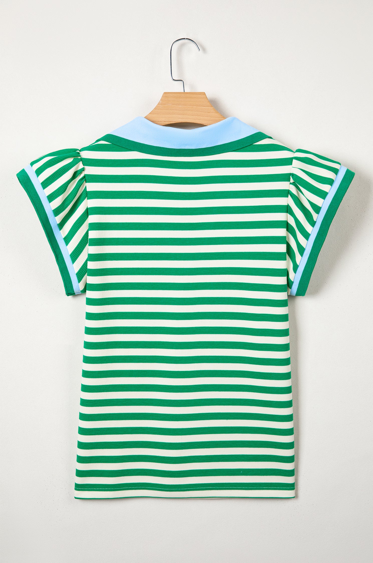 Green Stripe Contrast Trim Polo Collar Ruffled Short Sleeve Blouse