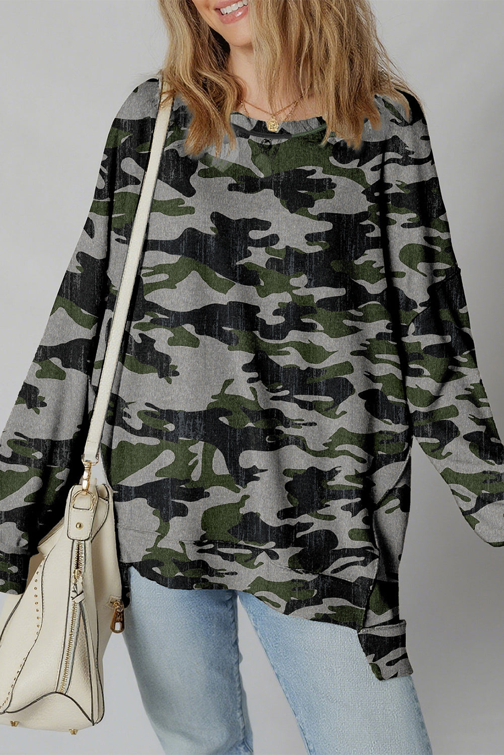 Retro Camouflage Print Exposed Seam Patchwork Drop Shoulder Sweatshirt