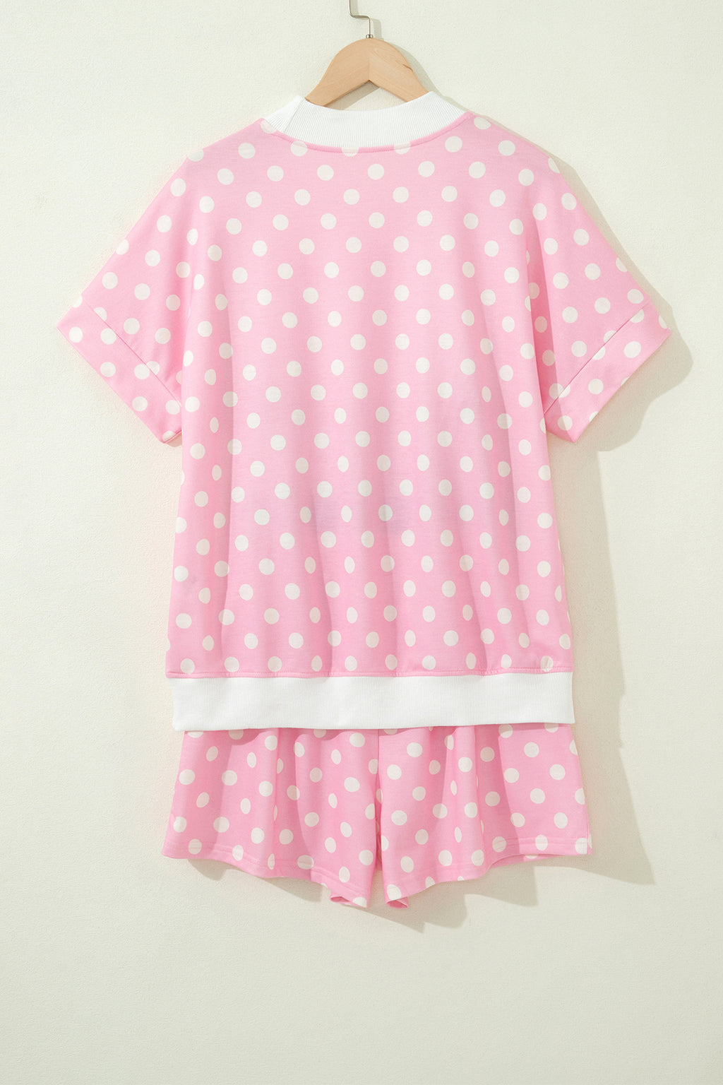 Green Polka Dot Print Color Block Trim Mock Neck Short Set