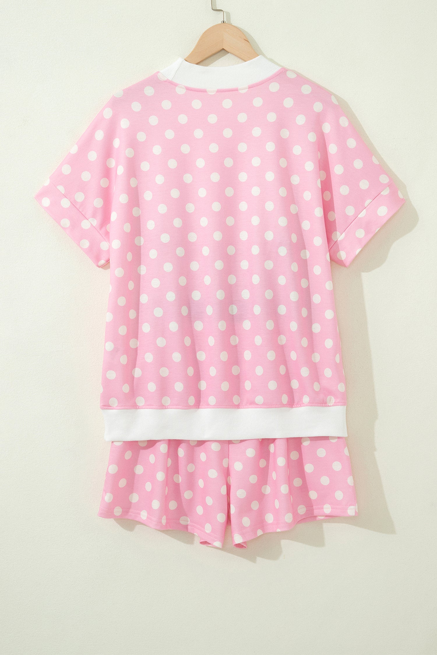 Green Polka Dot Print Color Block Trim Mock Neck Short Set