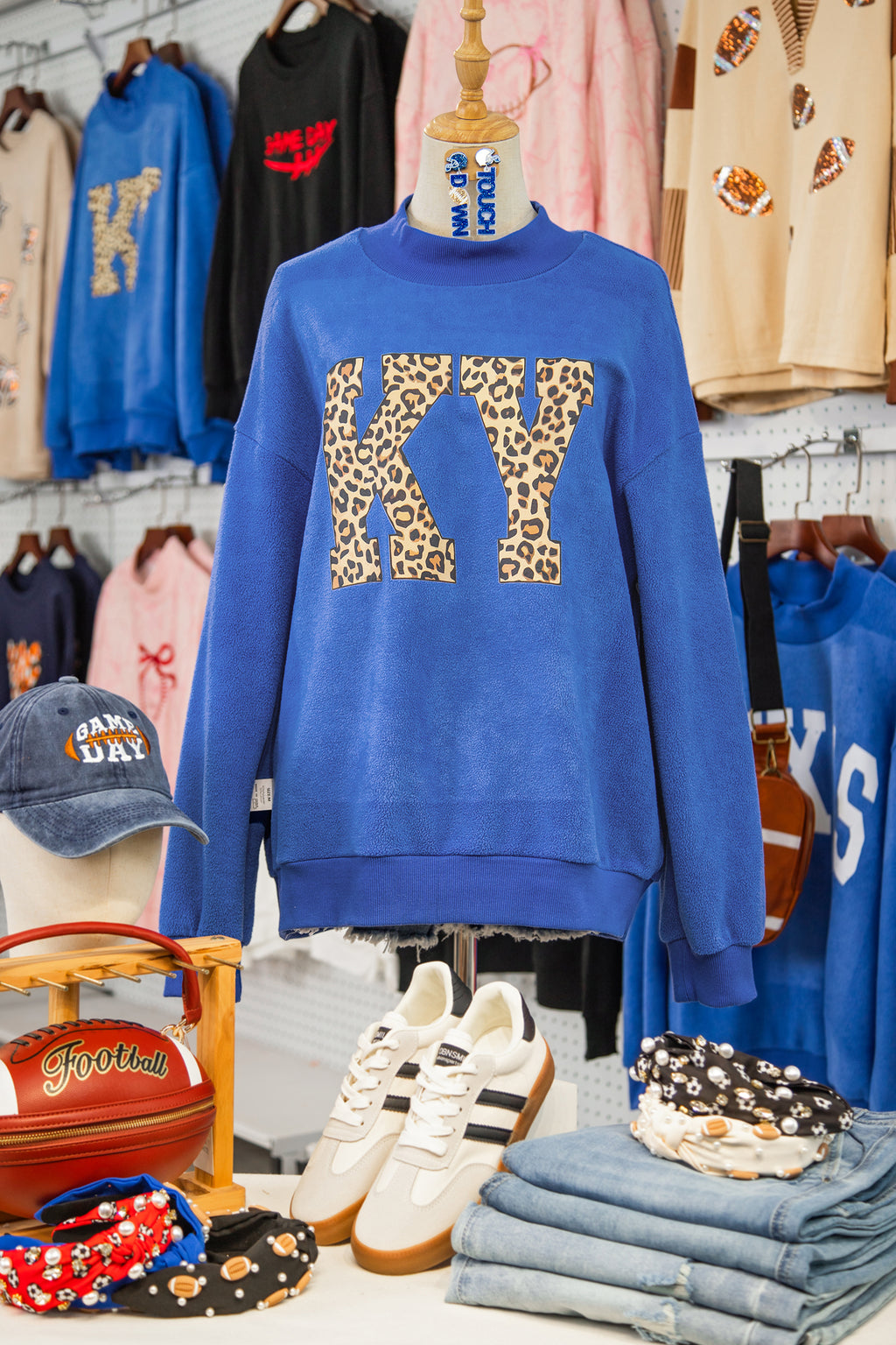 Dark Blue KENTUCKY Leopard KY Letter Print Reversible High Neck Sweatshirt