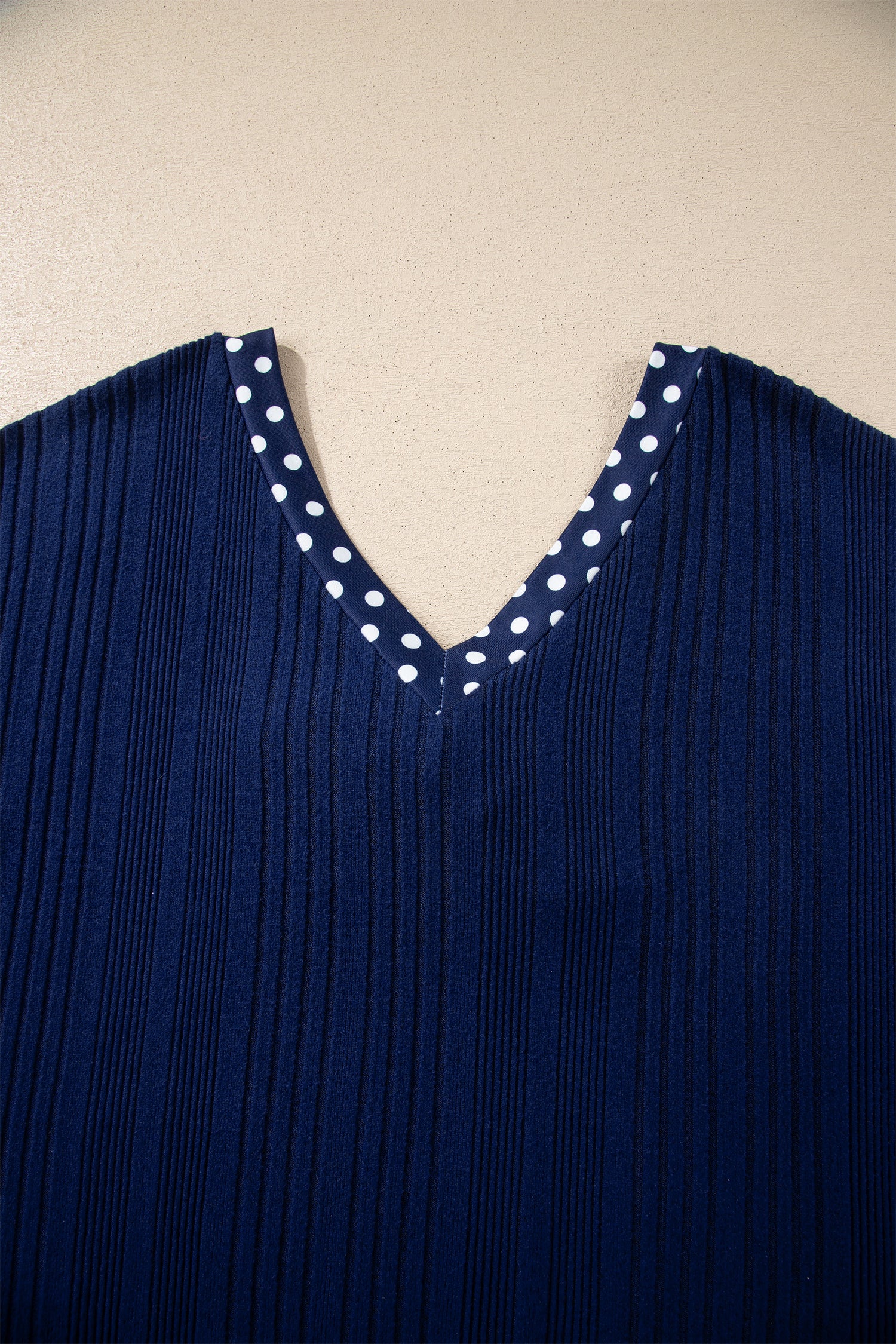 Blue Polka Dot Trimmed V Neck Bow Tie Textured Ribbed Top