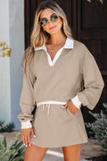 Parchment Raw Edge Detail Colorblock Patchwork Cropped Pullover Drawstring Skirt Set