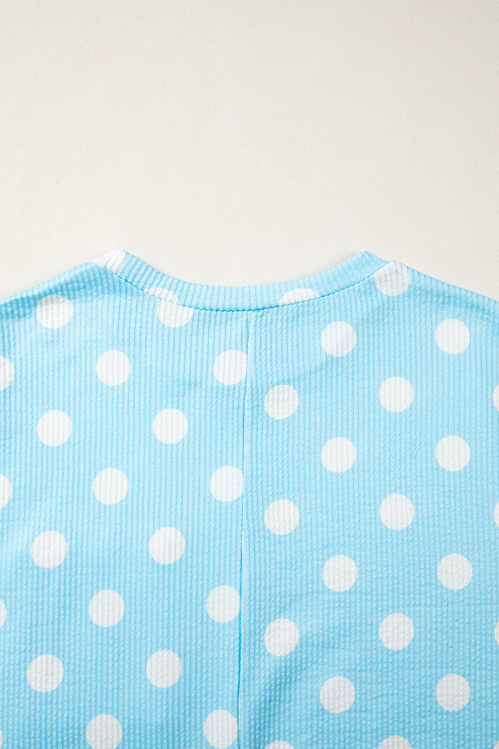 Sky Blue Polka Dot Round Neck Drop Shoulder Patch Pocket Jacquard Texture Top