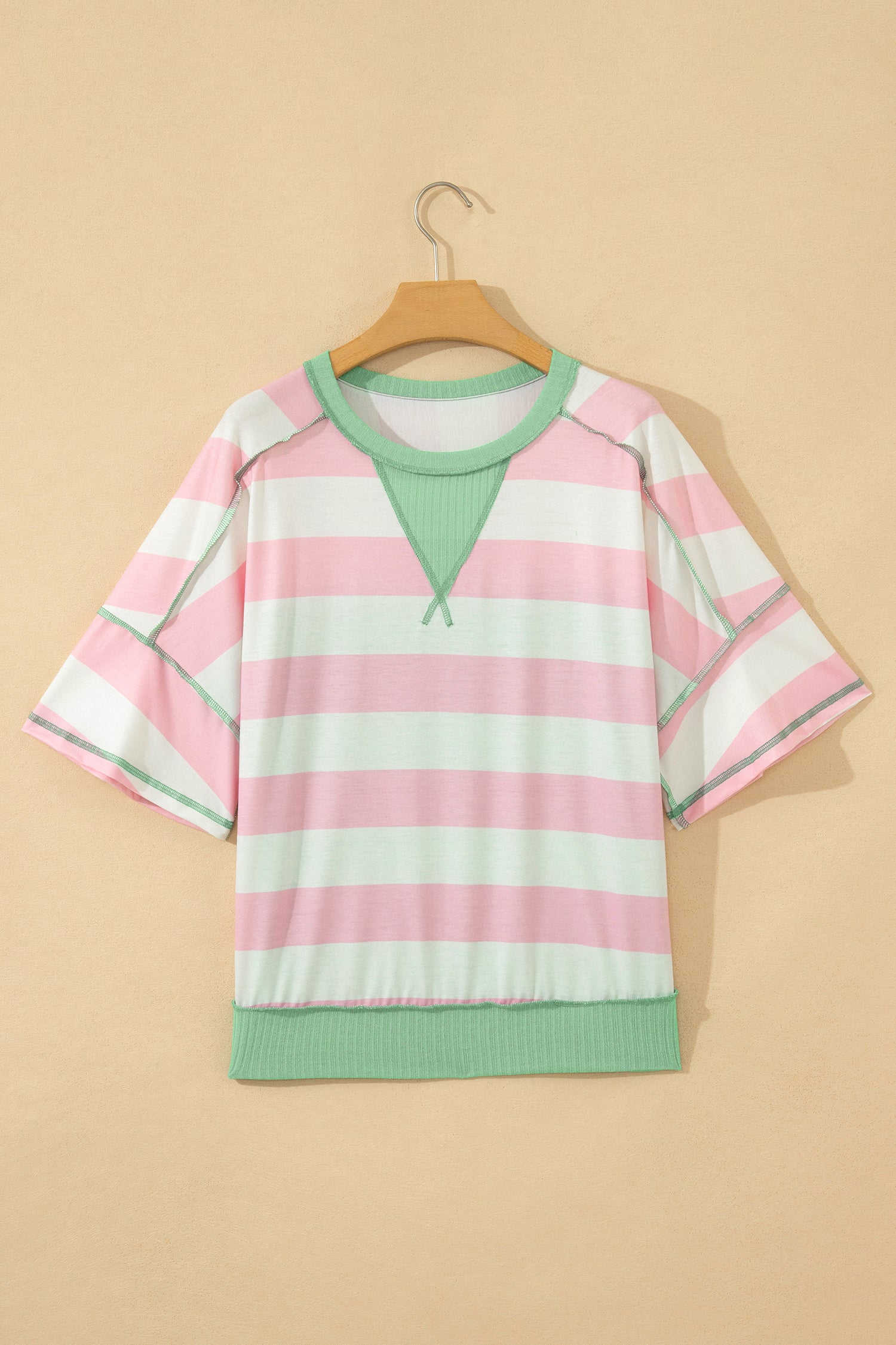Green Stripe Exposed Seam Ribbed Patchwork Oversized Tee