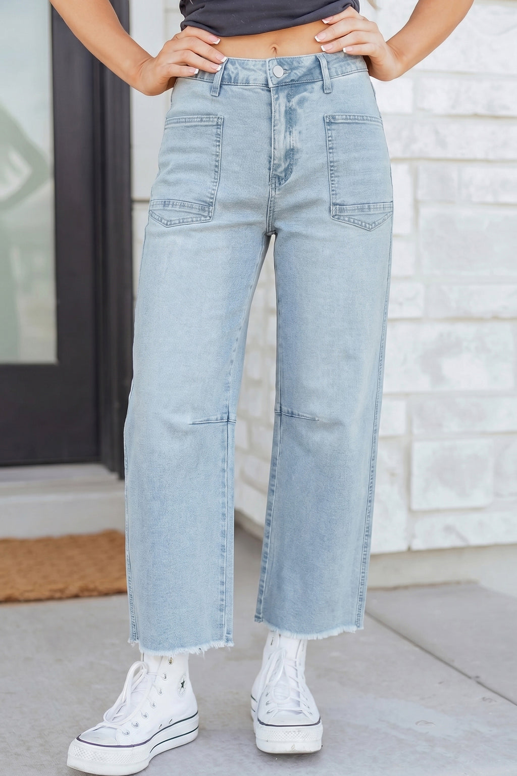 Blue Frayed Cropped Straight Jeans