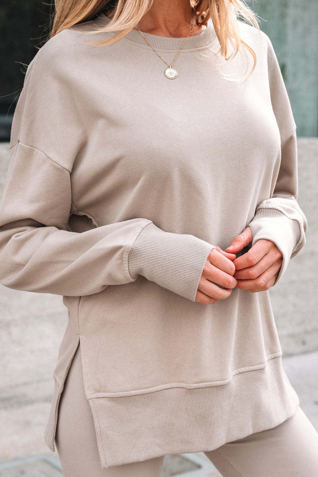 Jet Stream Solid Color Oversize Slit Sweatshirt Ribbed Leggings 2pcs Set