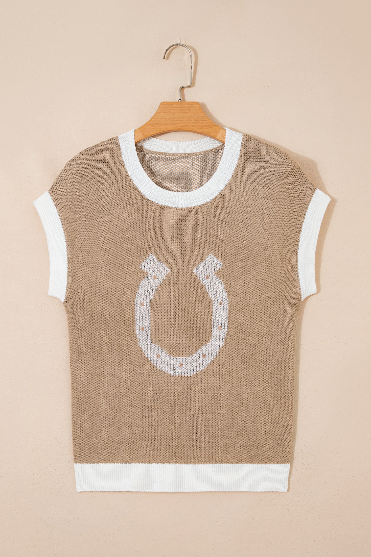 Horse Shoe Pattern Contrast Trim Short Sleeve Sweater