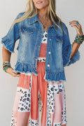 Blue Ruffle Hem Raw Edge Half Sleeve Western Denim Jacket