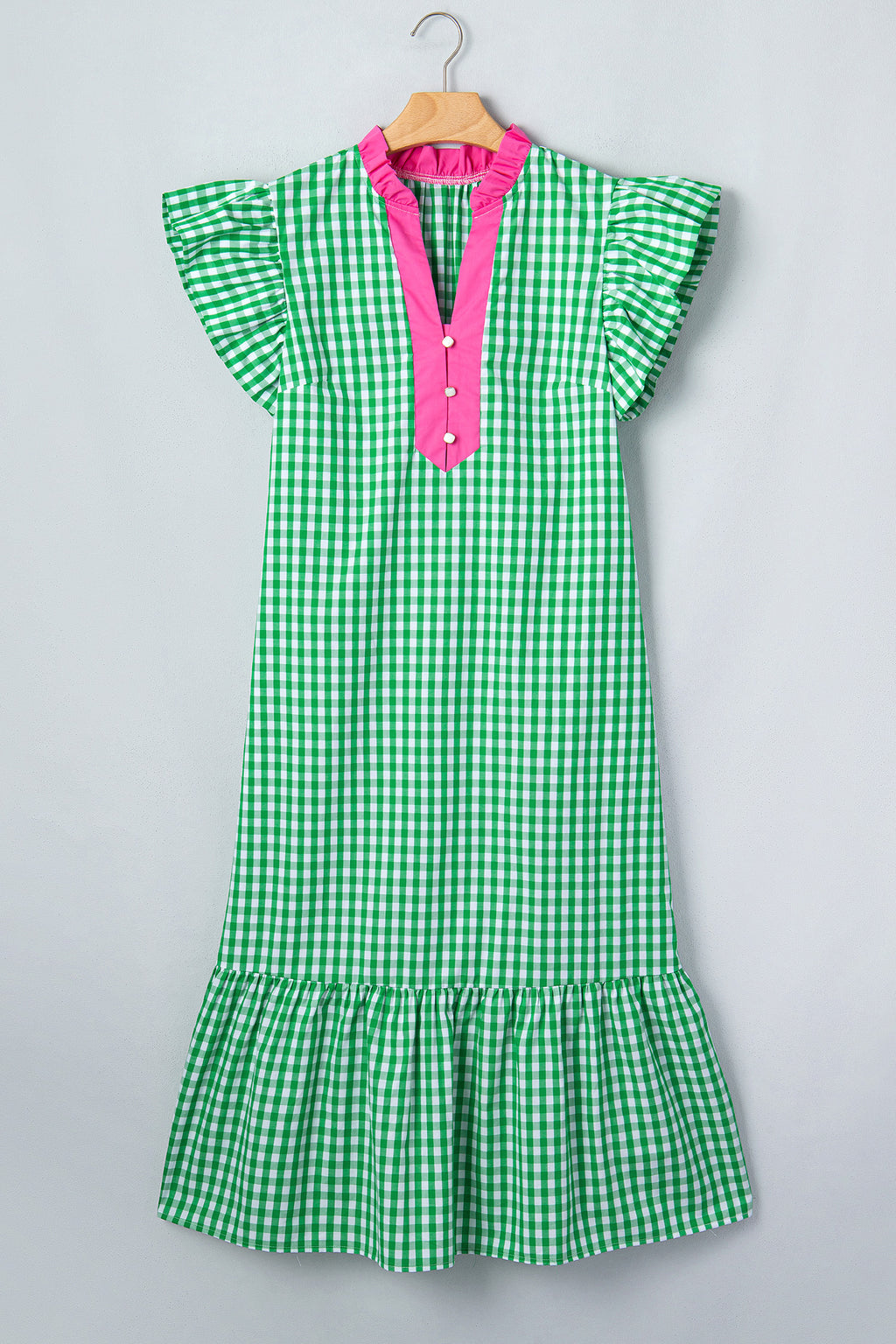 Bright Green Summer Color-Blocked Plaid Pattern Midi Dress