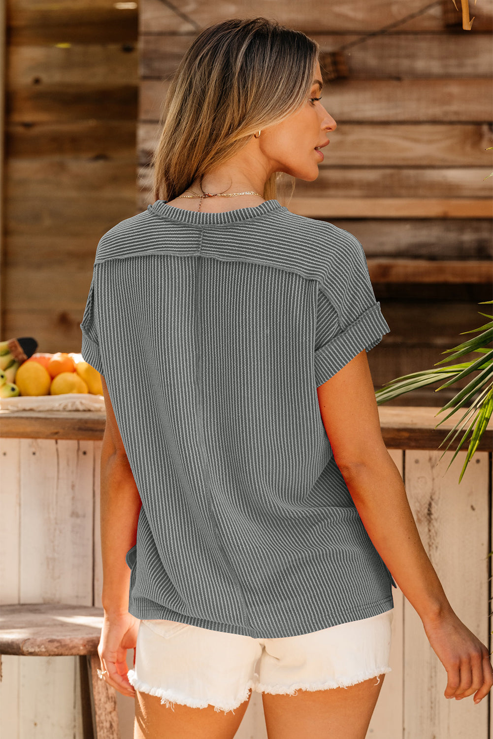 Medium Grey Textured Knit Exposed Stitching T-shirt