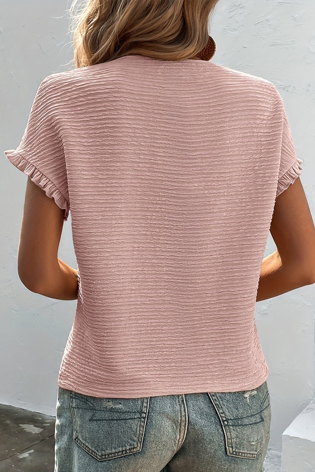 Black Solid Textured Ruffled Short Sleeve Blouse