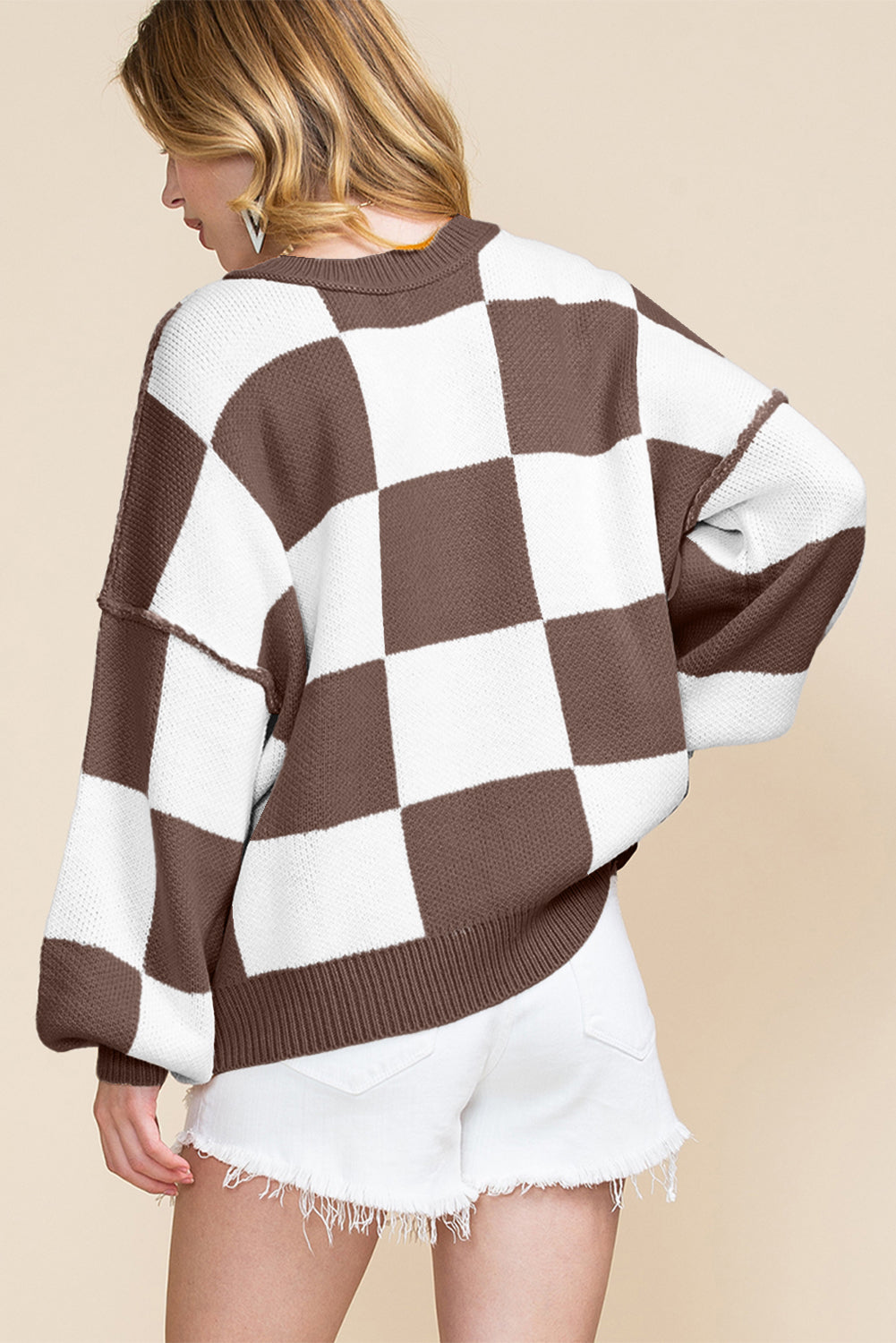 Gray Checkered Bishop Sleeve Sweater