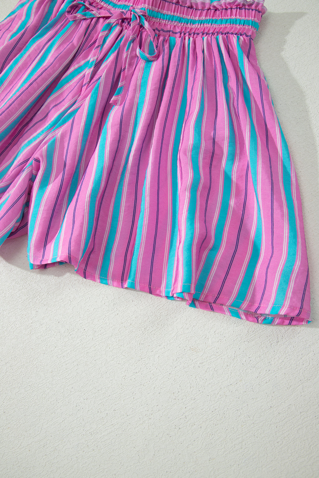 Pink Stripe Dolman Short Sleeve Blouse Drawstring Elastic Waist Loose Short Set