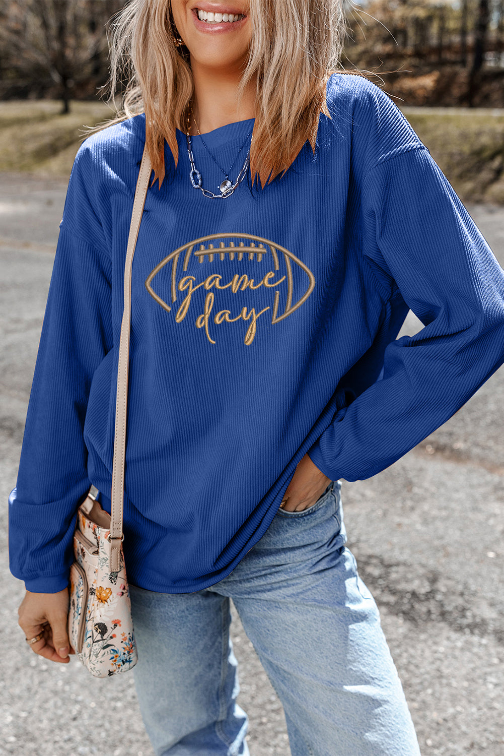 Football Game Day Embroidered Corduroy Sweatshirt