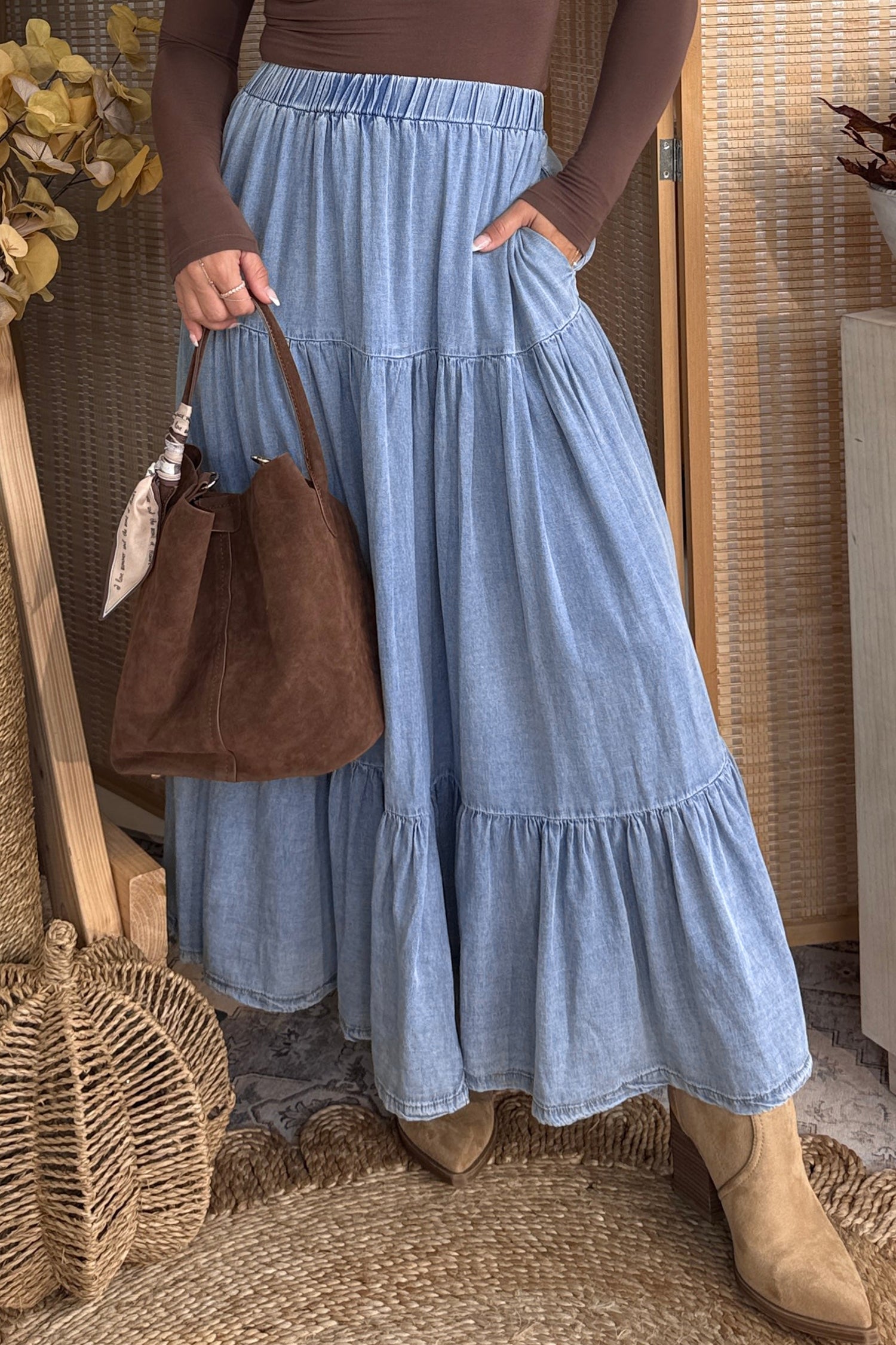 Black Elastic Waist Ruffled Tiered Flared Denim Maxi Skirt