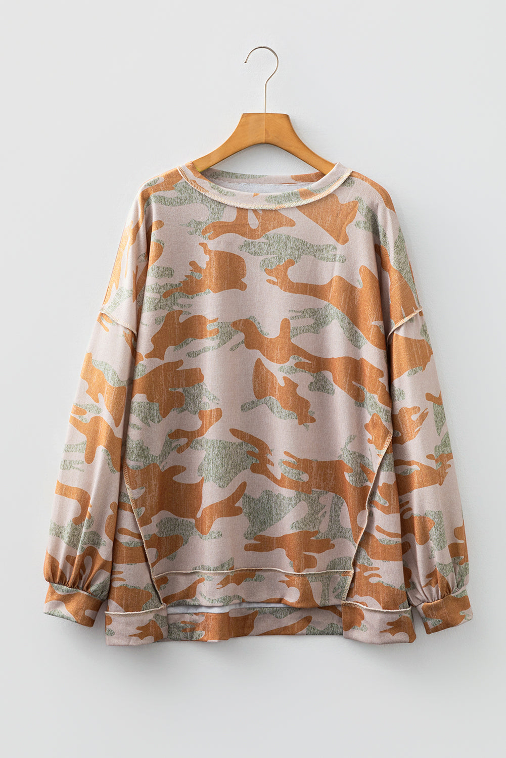 Retro Camouflage Print Exposed Seam Patchwork Drop Shoulder Sweatshirt