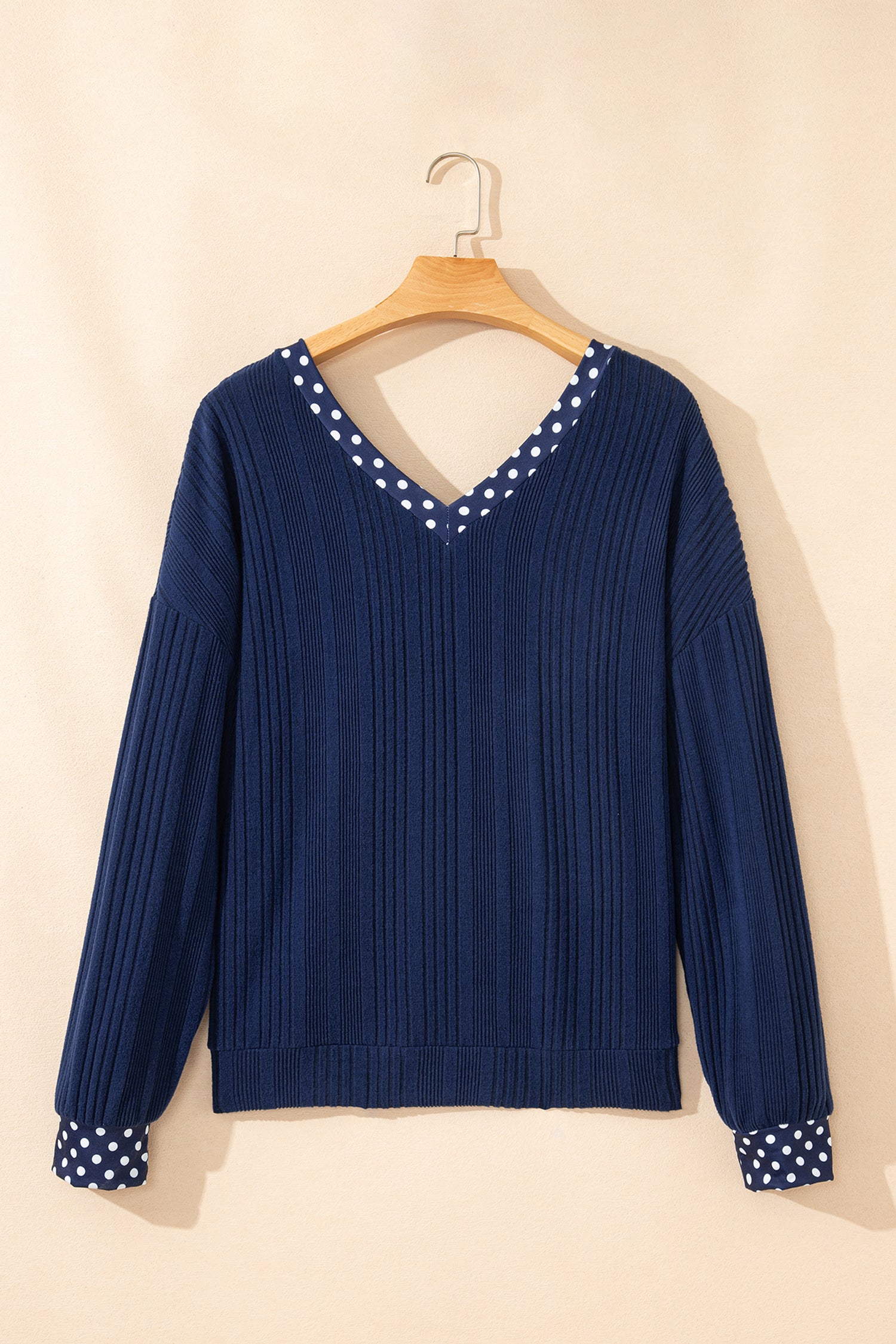 Blue Polka Dot Trimmed V Neck Bow Tie Textured Ribbed Top