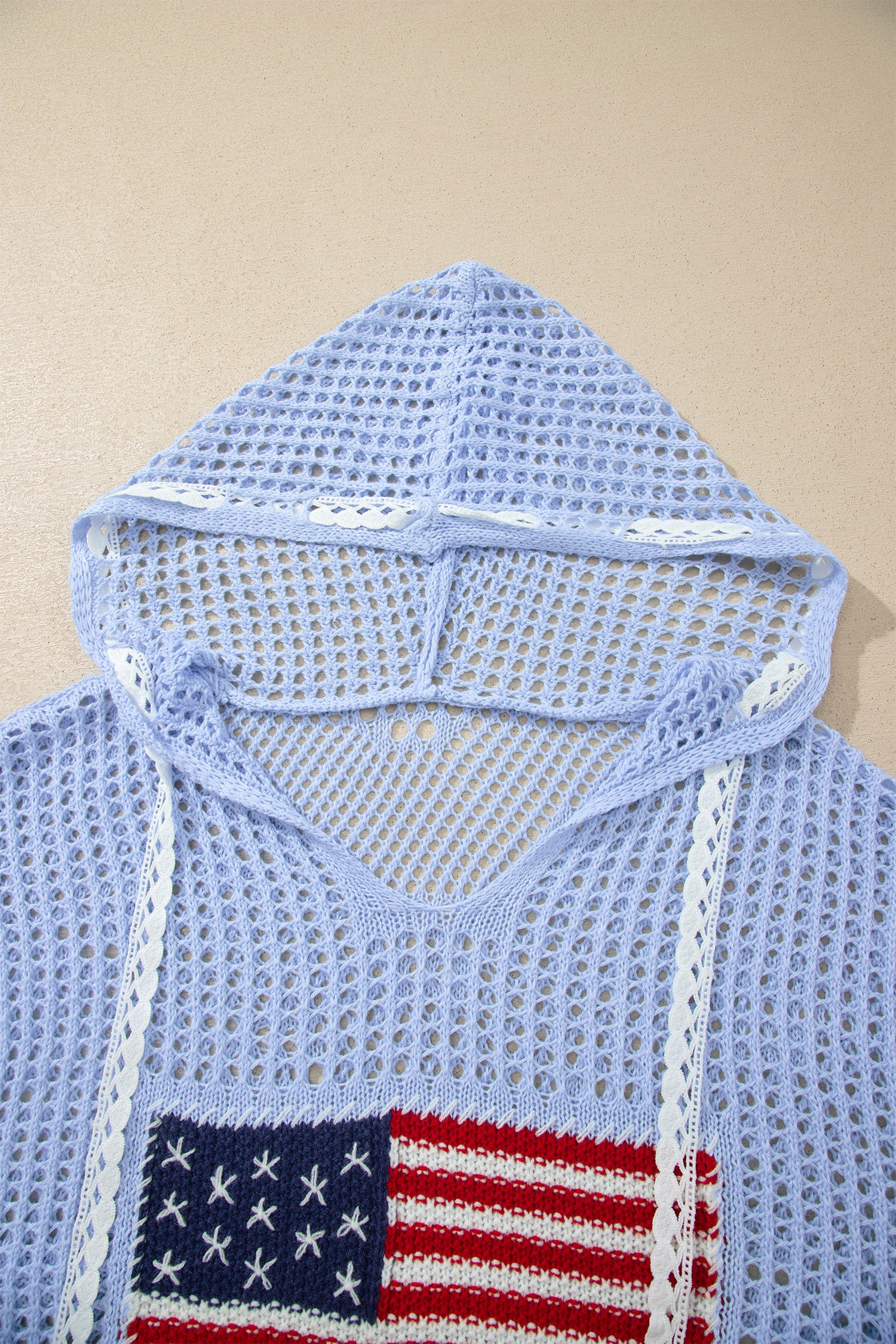 Beau Blue Hollow Out Crochet Knit American Flag Patched Sweater Hoodie