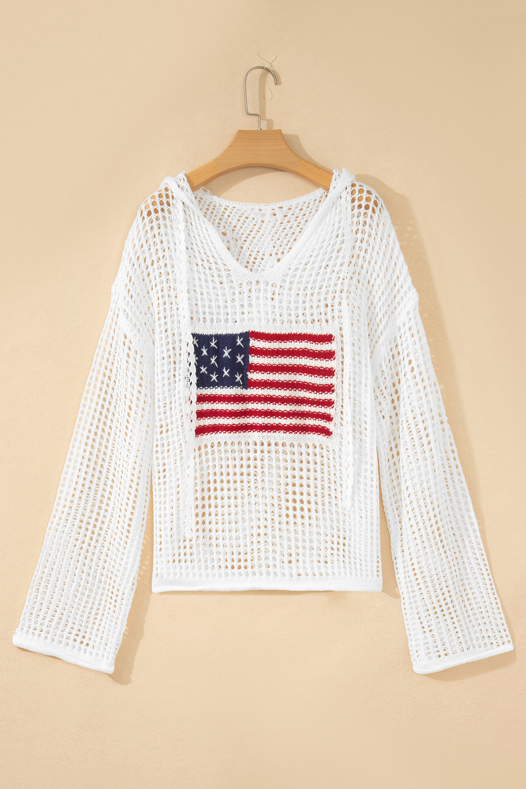 Beau Blue Hollow Out Crochet Knit American Flag Patched Sweater Hoodie