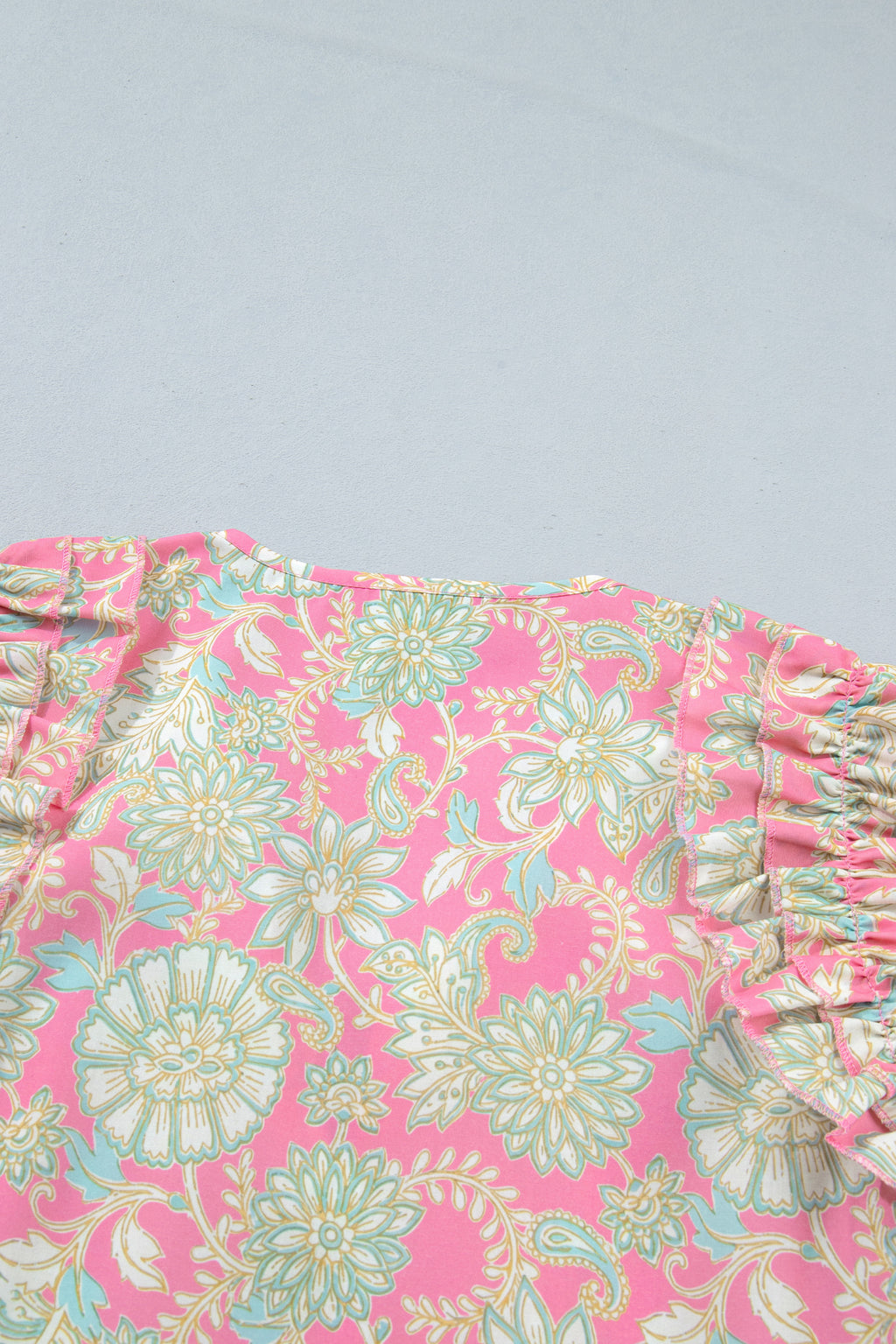 Pink Tie V Neck Floral Short Puff Sleeve Blouse