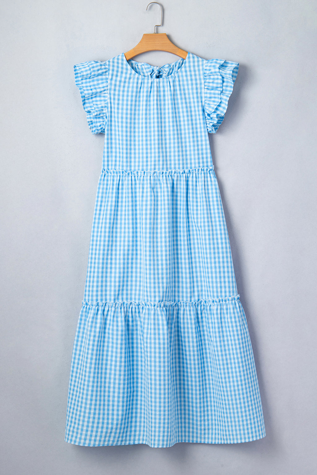 Blue Knot Back Ruffled Short Sleeve Gingham Maxi Dress