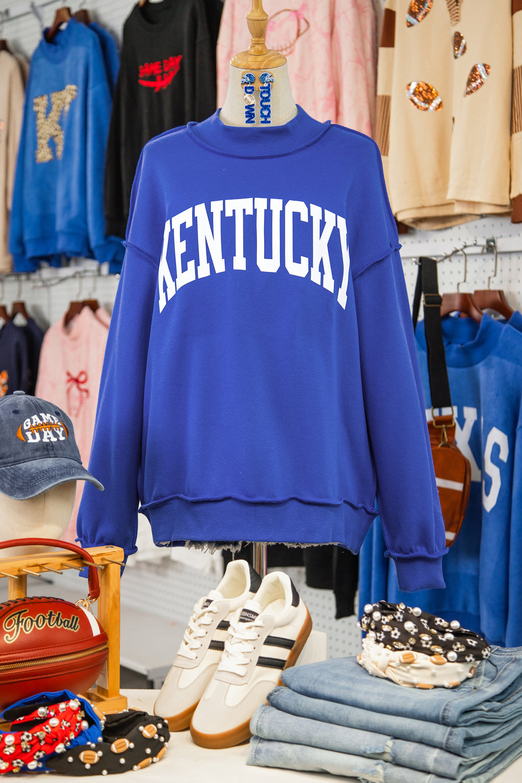 Dark Blue KENTUCKY Leopard KY Letter Print Reversible High Neck Sweatshirt